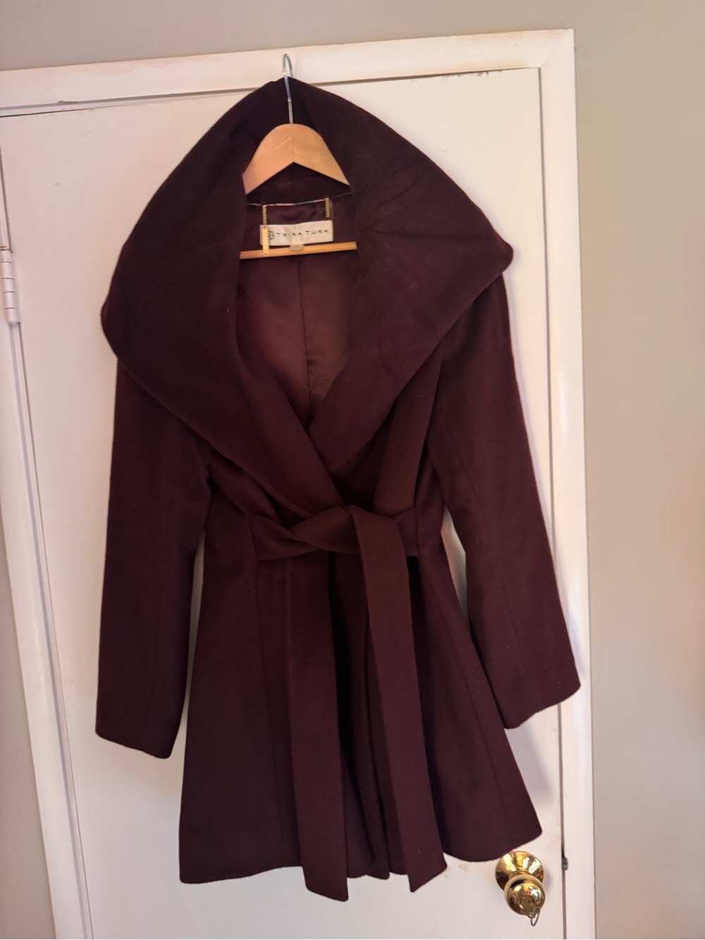 Trina Turk Burgundy Belted Wool Blend Coat Size 14